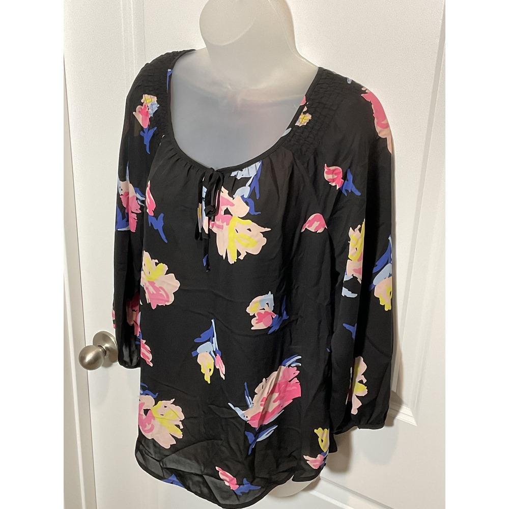 ELLE Black Floral Print Long Sleeve Blouse Women Size L‎ Sheer Lightweight
